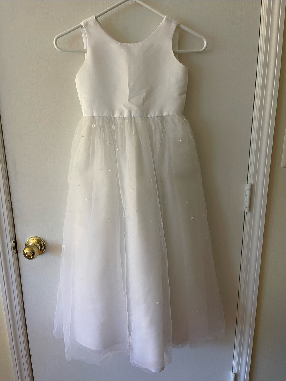 David's Bridal White Girls' Satin & Beaded Tulle Dress